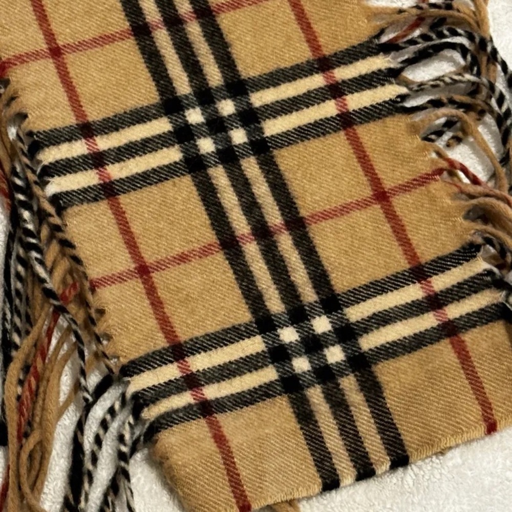 Authenticated Burberry London Cashmere Tan Red Black Plaid Fringe Scarf Unisex - Picture 10 of 13